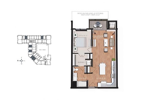 Floor plan for 1 bed, 1 bath, 730 sqft